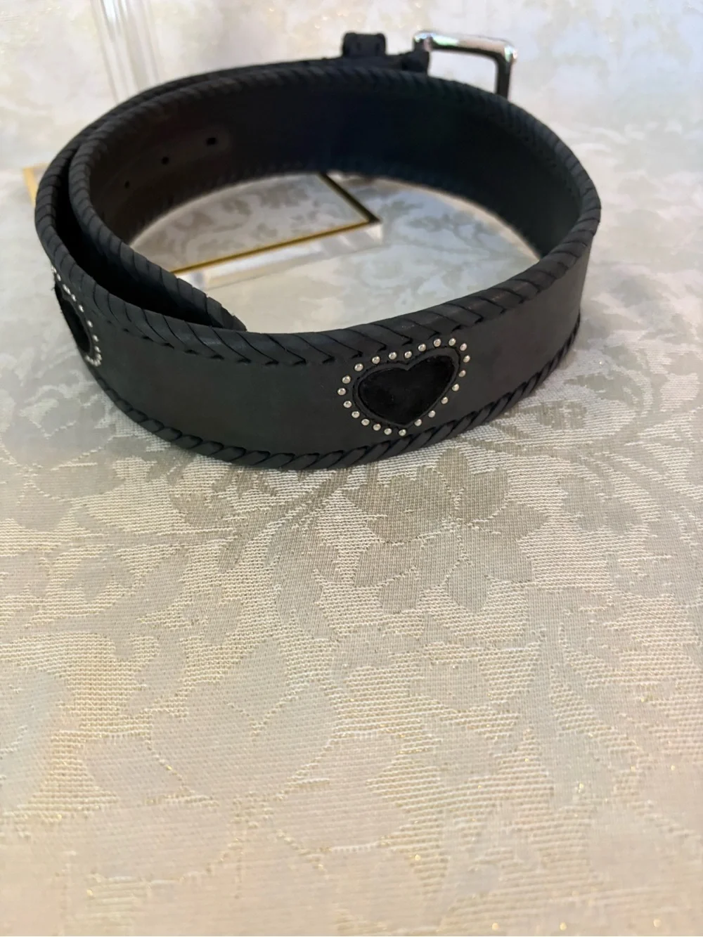 Brighton Gray and Black Heart Belt with Heart Stud Accent and Whipstitch Edges